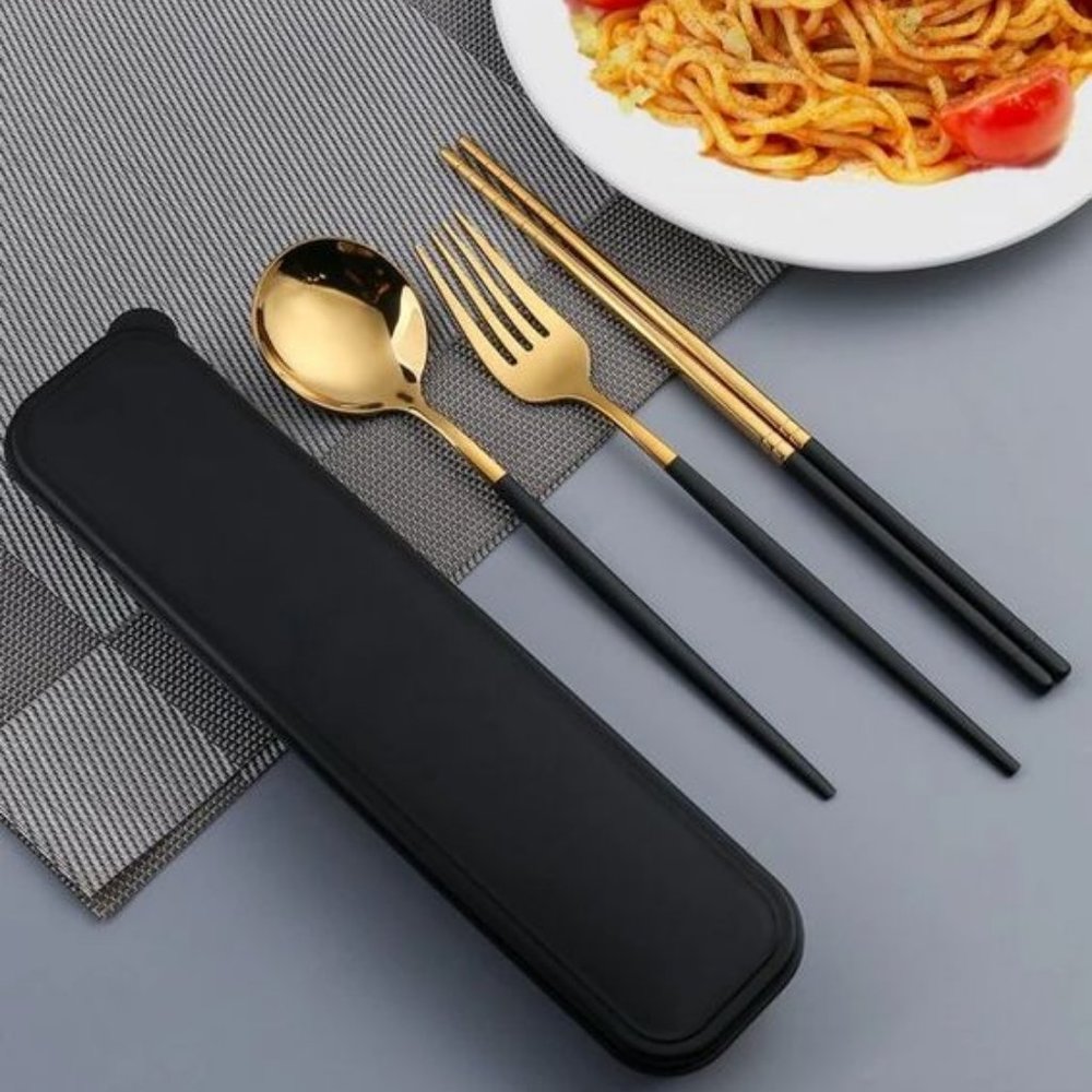 COPY - Your choice- 1 pc gold + black fork spoon or chopsticks set with travel …